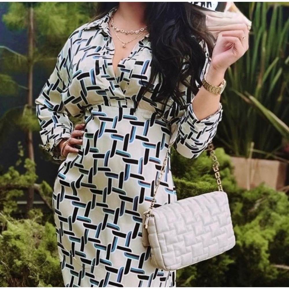 Zara Women Geometric Chain Print Satin Midi Dress Cream Black Blue Large